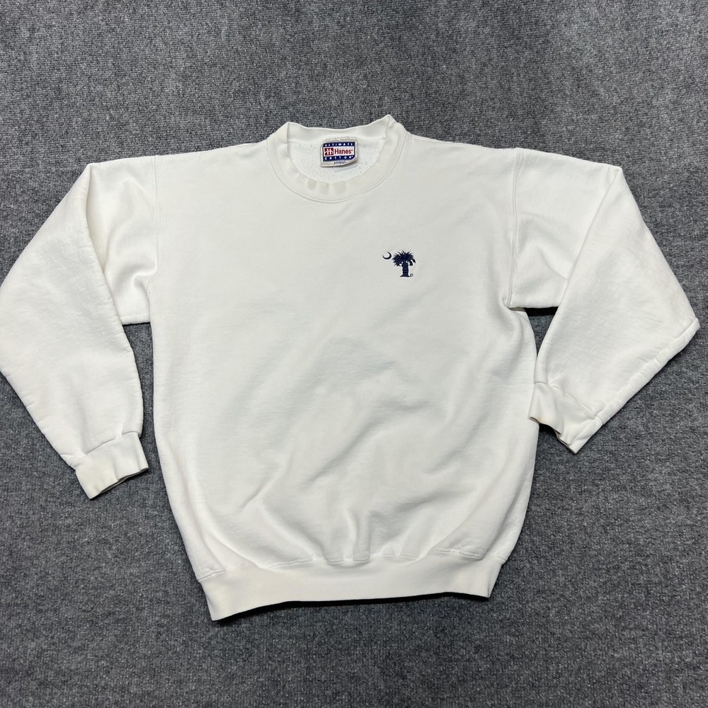 Vintage Hanes Sweatshirt Adult M White Fleece Crewneck Pullover Palm Tree Logo